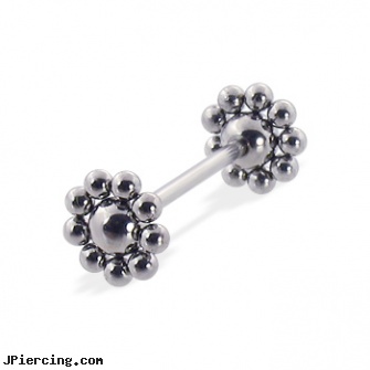 Flower straight barbell, 16 ga, flower pics, flower shaped labret jewerly, flower nipple shields, straight onyx plugs, gold plated straight barbell eyebrow jewelry