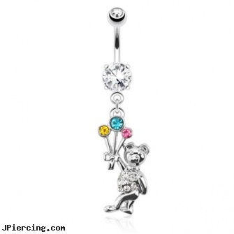 Flying Bear with Multi Color Gemmed Balloons Surgical Steel Dangle Navel Ring, bear genital tattoo piercing, bear nipple ring, nipple rings bear, navel jewelry multiple piercing, multiple piercing navel rings