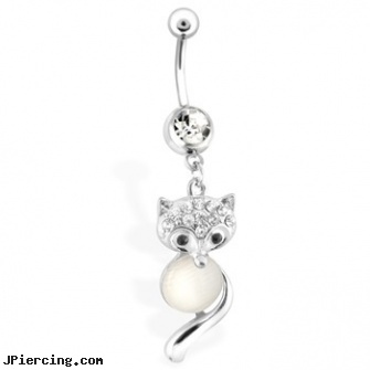 Fox Belly Button Ring with Clear Gems, belly body jewlery, zodiac belly rings, chris cagle belly button rings, expensive belly button rings, pretty belly button rings