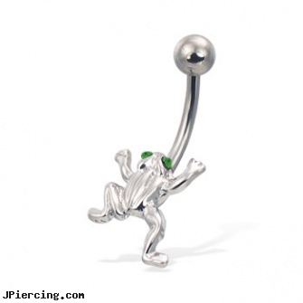 Frog belly button ring with green jeweled eyes, frog tongue rings, frog navel rings, how to change belly ring, hello kitty belly button rings, rhinestone charm belly ring