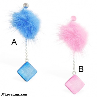 Fuzzy belly ring with dangling sparkling square, gemstone belly button jewelry, starter belly button rings, how much money to get belly pircing, uv butterfly navel ring, stone dolphin nipple rings