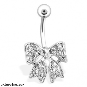 Gem Paved Bow Belly Ring, temp belly rings, belly button piercings information, 14 kt gold belly ring, buy nose rings, non piercing nipple ring