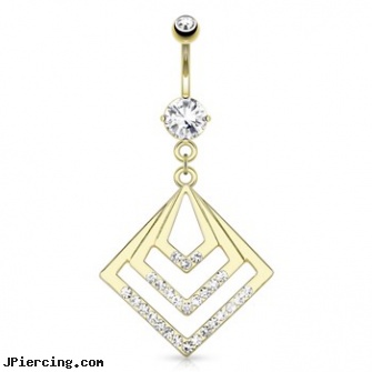 Geometric Overlapped Squares with Gemmed Corner Dangle Gold Tone Navel Ring, shamrock dangle navel body jewelry, belly button rings dangle, reverse dangle navel rings, 14kt gold body jewelry, gold belly jewelery