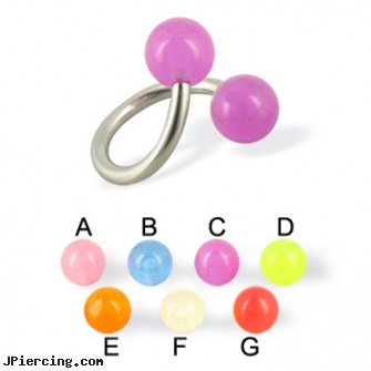 Glow-in-the-dark ball spiral barbell, 14 ga, glow in the dark belly button ring, glow in the dark belly button rings, glow in the dark tongue ring, dark ring around nipple, balls piercing