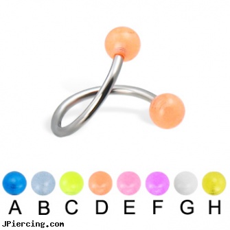 Glow-in-the-dark ball spiral barbell, 16 ga, glow in the dark tongue ring, glow in the dark belly button rings, glow in the dark nose rings, dark ring around nipple, large dark nipple