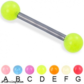 Glow-in-the-dark ball titanium straight barbell, 12 ga, glow stick tongue rings, glow in the dark nose rings, glow in the dark tongue ring, piercing the darkness pictures, dark piersing light yugioh card