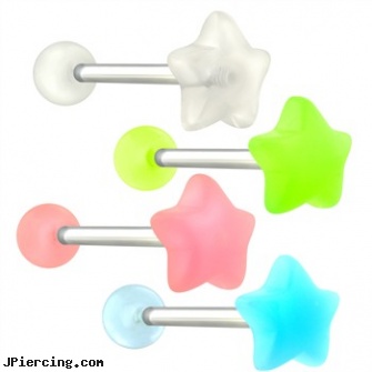 Glow-in-the-Dark Star Tongue Ring, 14GA, glow stick tongue rings, glow in the dark tongue ring, glow in the dark belly button ring, piercing the darkness pictures, diagnosis dark ring nipple aureola