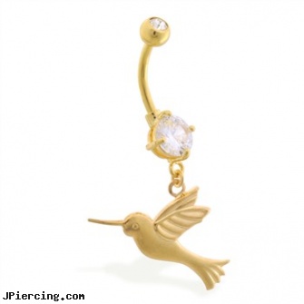 Gold Tone belly button ring with dangling humming bird, gold plated straight barbell eyebrow jewelry, gold labret, 14k gold diamond navel rings, gemstone belly button barbells, stone cock ring