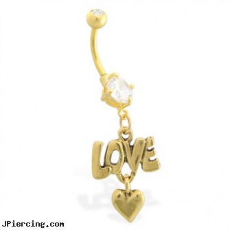 Gold Tone belly button ring with dangling Love and Heart, gold nose rings from pakistan, gold navel ring, gold belly button rings on discount, rhinestone belly button barbells, tombstone body jewelery