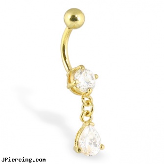Gold Tone belly button ring with dangling teardrop, white gold navel ring, 14kt gold body jewelry, gold pierced belly button jewelry, stone cock ring, tombstone body jewelery
