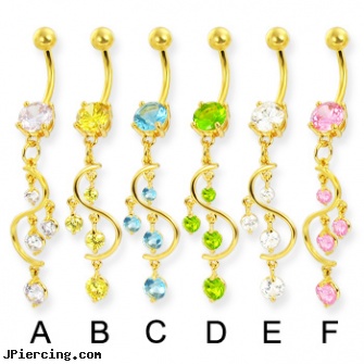 Gold Tone belly button ring with gems on a vine, belly button ring gold reverse, gold cock rings, gold hoop earrings body jewelry, tombstone body piercing supplies, stone cock ring