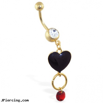 Gold Tone belly ring with dangling black heart, circle and red gem, solid gold navel rings, gold eyebrow ring, yellow gold diamond nose ring, gemstone belly button jewelry, rolling stones tongue ring