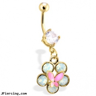 Gold Tone Belly Ring with Dangling Flower And Butterfly, gold gem nose screw, gold plated straight barbell eyebrow jewelry, gold body piercing jewelry, tombestone com body pircing, rolling stones tongue jewelry