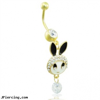 Gold Tone belly ring with dangling jeweled bunny, gold belly rings, 14kt gold plated body jewelry, white gold belly button rings, square gemstone belly jewelry, rhinestone dimple ball charm belly ring