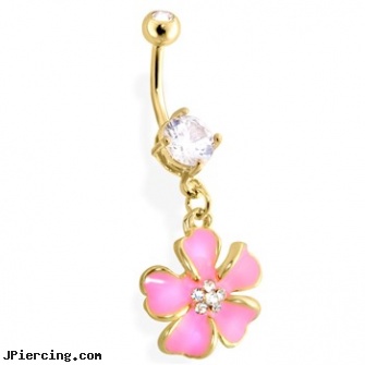 Gold Tone Belly Ring with Dangling Pink Flower, gold bellybutton rings, gold nipple piercing rings, navel jewelry gold, ear rings purple shard jewelry stone, stone cock ring