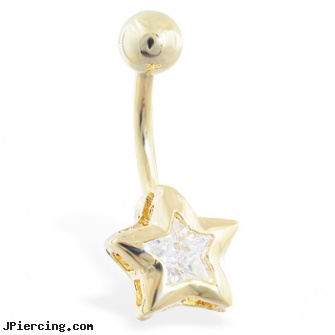 Gold Tone jeweled star belly ring, gold pierced belly button jewelry, 14k gold belly button rings, 14 karet gold navel rings, rolling stones tongue ring, square gemstone belly button ring