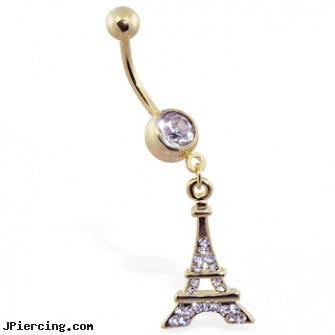 Gold Tone navel ring with dangling Eiffel towel, gold nipple jewelry, 14kt gold navel jewelry, gold plated navel jewelry, tombstone body piercing supplies, tombstone body jewelry