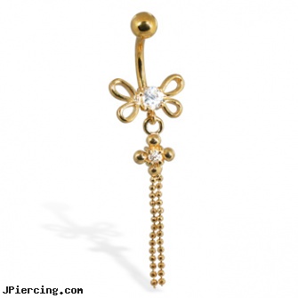 Gold Tone navel ring with dragonfly and dangles, body piercing jewellery gold, solid gold navel jewelry, pircing gold, square gemstone belly button ring, rolling stones tongue jewelry
