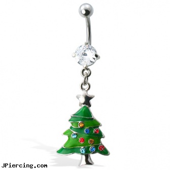 Green Christmas Tree Belly Button Ring, christmas belly button rings, christmas belly rings, christmas body jewelry, 23rd street body peircings, 23rd street body piercing
