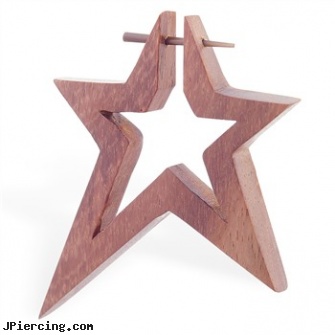 Hand carved sono wood star stirrup earring with taper, 14 ga, nipple jewelry handcuff, hand peircings, nipple body jewelry in handcuff design, organic wood body jewelery, ironwood piercing studios