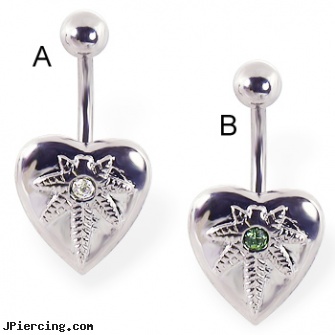 Heart belly ring with pot leaf logo and gem, steel my heart jewlry, heart shaped belly button ring, tongue piercing and hole in the heart, 14k gold belly button ring, dragon belly button rings