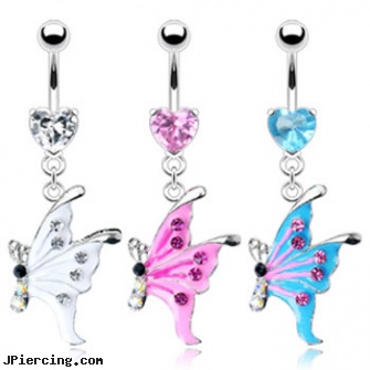 Heart gem navel ring with dangling epoxy gem butterfly, sacred heart tatoo and body piercings, steel my heart jewlry, pink heart belly ring, navel piercing do it yourself, pearl navel ring