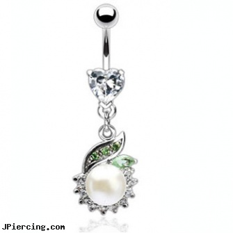 Heart gem navel ring with jeweled dangle and large pearl, heart pics, heart tattoos, tongue piercing and hole in the heart, wholesale navel rings, navel steel belly button