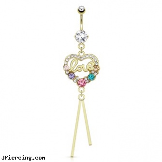 Heart Paved Gems with Multi Colored Gems And Word \"Love\" Dangle Gold Tone Navel Ring, heart shaped belly button ring, body jewelry blue heart, sacred heart tatoo and body piercings, gemstone belly button barbells, gemstone belly button jewelry