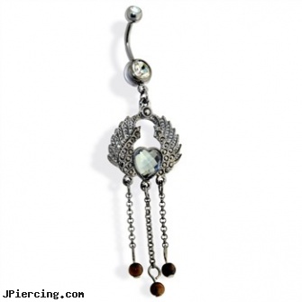 Hematite Wings with Heart Gem and Cascading Beads Dangle Navel Ring, hematite tongue ring, heart shaped belly button ring, dangling heart belly button ring, pink heart belly ring, belly button rings with screw on beads
