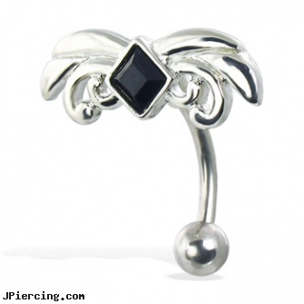Hinged reversed belly button ring with black square gem and scrolls, hinged cock ring, reversed navel piercing gallery, reversed celtic navel ring, belly button rings logo, flex uv belly ring