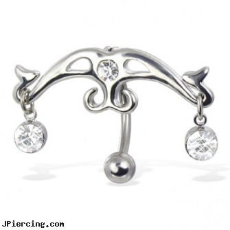 Hinged reversed belly button ring with two gems dangling from sides, hinged cock ring, reversed celtic navel ring, reversed navel piercing gallery, tools for belly piercing, belly piercing skeleton