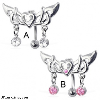 Hinged reversed tribal belly button ring with two dangling gems, hinged cock ring, reversed navel piercing gallery, reversed celtic navel ring, tribal body piercings, title tribal body piercings