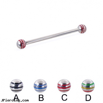 Industrial barbell with epoxy striped balls, 12 ga, industrial piercing directions, industrial piercing jewelry, industrial ear piercing, ireland flag tongue barbell, helix barbell