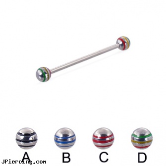 Industrial barbell with epoxy striped balls, 14 ga, industrial piercing prices, industrial piercing pictures, industrial barbells, buy tongue barbell, tongue barbells