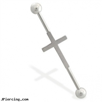 Industrial straight barbell with cross, 14 ga, industrial piercing, industrial bar piercing pictures, industrial piercing information, straight onyx plugs, straight barbell clear retainer