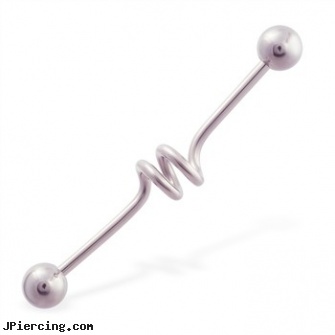 Industrial straight barbell with swirled  center, 14 ga, industrial barbells, industrial piercing prices, industrial steel body jewellery, straight barbell clear retainer, straight pin nose rings