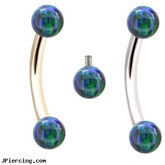 Internally Threaded Curved Barbell With Blue-Green Opals, internally threaded straight barbells, belly ring titanium internally threaded, internally threaded body jewelry, threaded ring nipple, body jewelry curved nose bones