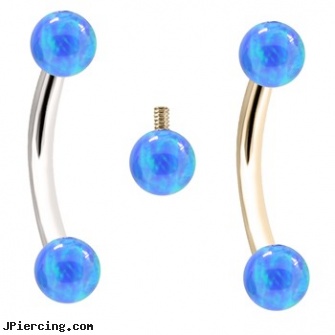 Internally Threaded Curved Barbells With Blue Opals, internally threaded body piercing jewelry, belly ring titanium internally threaded, internally threaded body jewelry, threaded ring nipple, threaded rods for tongue rings
