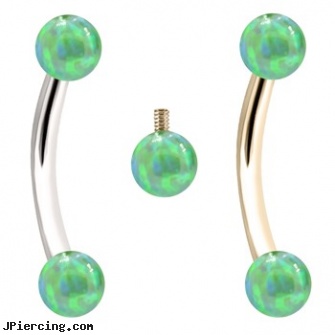 Internally Threaded Curved Barbells With Green Opals, internally threaded straight barbells, belly ring titanium internally threaded, internally threaded body jewelry, curved spike labret jewlery, curved slave barbell