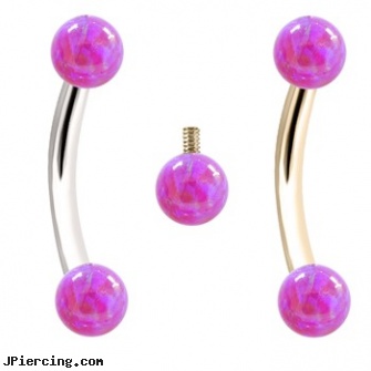 Internally Threaded Curved Barbells With Purple Opals, internally threaded body jewelry, internally threaded body piercing jewelry, internally threaded straight barbells, threaded ring nipple, threaded rods for tongue rings
