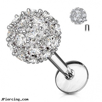 Internally Threaded Labret With Paved Ball, Gauge:16 (1.2Mm), 6Mm Long, internally threaded body jewelry, belly ring titanium internally threaded, internally threaded straight barbells, threaded ring nipple, piercing labret