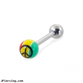Jamaican styled straight barbell with peace sign, 14 ga, straight pin nose rings, internally threaded straight barbells, straight nose stud, acrylic tongue rings barbells, tongue piercing barbell