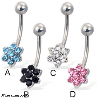 Jeweled 6-petal flower belly button ring, jeweled labrets, jeweled belly rings, 18g jeweled labrets, flower nipple shields, flower shaped labret jewerly