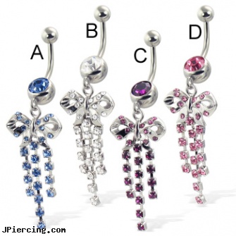 Jeweled belly button ring with bow and three dangles, 18g jeweled labrets, gold jeweled labret ring, jeweled labrets, spider belly jewelry, belly button jewlery rings