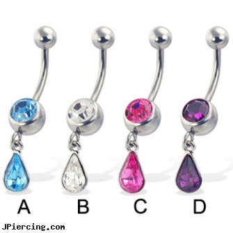 Jeweled belly button ring with dangling teardrop gem, jeweled belly rings, 18g jeweled labrets, jeweled navel slave rings, belly button piercing in atlanta, fun belly rings