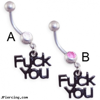 Jeweled belly ring with dangling \"F*CK YOU\", jeweled labrets, jeweled navel slave rings, gold jeweled labret ring, im skinny with belly ring pic, light up belly rings