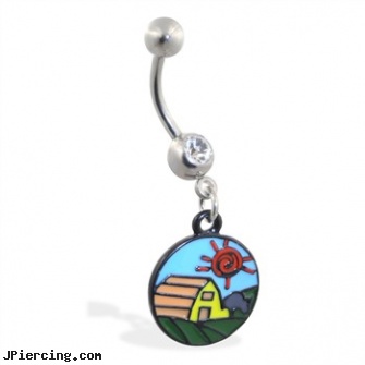 Jeweled belly ring with Dangling Barn-Scape Circle, gold jeweled labret ring, jeweled navel slave rings, jeweled labrets, belly ring balls, playboy belly button rings