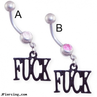 Jeweled belly ring with dangling black \"F*CK\", gold jeweled labret ring, jeweled belly rings, jeweled labrets, cz belly rings, iguana belly rings