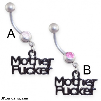 Jeweled belly ring with dangling black \"MOTHER F**KER\", gold jeweled labret ring, 18g jeweled labrets, jeweled labrets, 14k gold belly button ring, belly piercings pictures