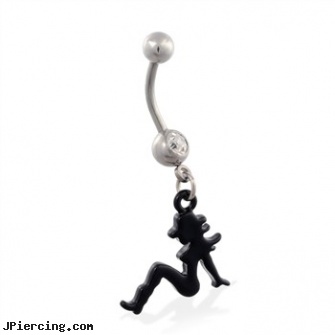 Jeweled belly ring with dangling black coated cowgirl, gold jeweled labret ring, 18g jeweled labrets, jeweled labrets, chevy belly rings, belly piercing in sacramento